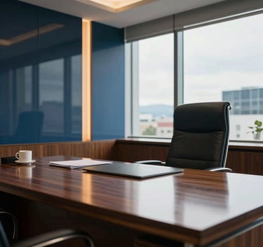 A professional high-end corporate office in Bogota, South American / Colombian setting, soft natural light reflecting off a polished mahogany desk and glass windows, sophisticated financial atmosphere with dark blue and gold tones.