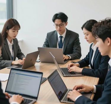 A collaborative business meeting in a bright, clean North American conference room, featuring professionals using modern laptops and a tablet, emphasizing efficiency and teamwork.