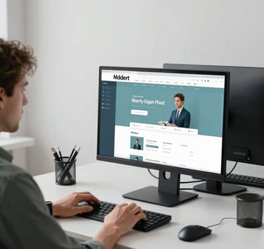 A bright, minimalist office interior with a designer working on a dual-monitor setup showing a clean website layout, accented with muted teal blue decor.