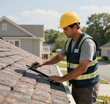 A professional roofing contractor wearing a branded navy vest and safety gear inspecting a house roof, daytime exterior, North American / US.