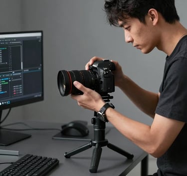 A professional North American / US creator in a high-end digital workspace, focusing on setting up a sleek camera for a desk-tour shoot. The environment is organized, minimalist, and uses charcoal gray and deep black tones.