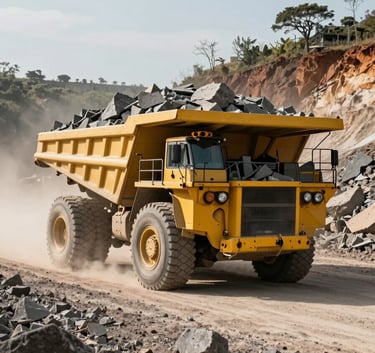 A wide shot of a heavy-duty yellow mining truck loaded with raw limestone driving through a dusty road in a South American / Brazilian open-pit mine, afternoon sun, sharp focus, cinematic lighting.