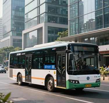 A sleek city bus with premium transit branding driving past contemporary glass buildings in a major Indian metropolitan hub, bright professional lighting.