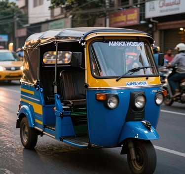 A vibrant, professionally branded auto-rickshaw moving through a dynamic South Asian urban street at dusk, cinematic street lighting, reflecting a modern and dynamic agency style.