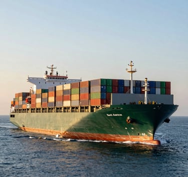 A wide shot of a massive container vessel sailing across a calm blue ocean, carrying thousands of multicolored containers with deep green and red accents, North American / International trade route, golden hour lighting.