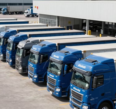 A fleet of professional blue freight trucks parked at a clean, modern logistics terminal under bright daylight, wide shot, Global / International.