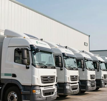A row of modern white logistics trucks with subtle dark green branding parked at a clean, professional distribution center, bright morning sunlight, North American / International architecture.