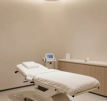 An ultra-modern and clean medical aesthetic treatment room. Minimalist design with beige walls, a professional treatment bed, and subtle warm lighting (#DDCDBB, #9E8C78).