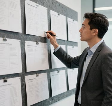 A professional marketing consultant in a North American / US office environment, looking at a wall of slate grey and pure white strategy boards. Professional attire. Results-driven atmosphere, sophisticated lighting.