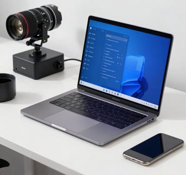 A high-end professional photography of a sleek digital marketing workstation in a North American / US corporate office. A laptop shows a vibrant blue interface. Pure white background, deep black accents on tech accessories. Bright morning lighting.