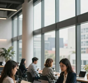Modern co-working space in a Latin American business district, sleek architecture, professionals using laptops, bright natural light filtered through large windows.