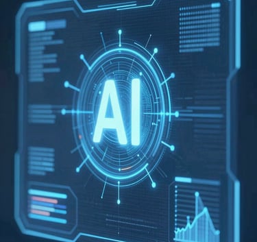 A futuristic holographic interface representing artificial intelligence and data networks, clean composition, soft deep blue tones, high-tech photography style.