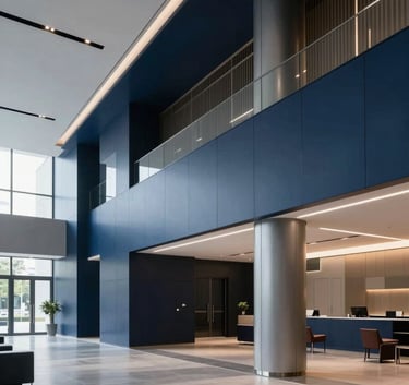 A wide-angle professional photograph of a futuristic corporate lobby with clean lines, featuring dark navy blue and steel blue architectural accents.