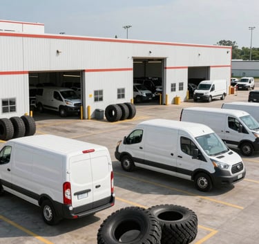 Wide-angle outdoor shot of a busy North American commercial tire center with several fleet delivery vans parked in front of large service bays, bright daylight.