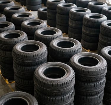 A high-angle professional photograph of thousands of brand new black tires stacked neatly in a vast, bright North American warehouse, showcasing efficiency and scale with soft natural light.