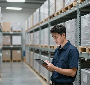 Interior of a modern, well-lit logistics fulfillment center with tall shelving systems and a technician using a tablet, pale gray and dark blue corporate aesthetic.
