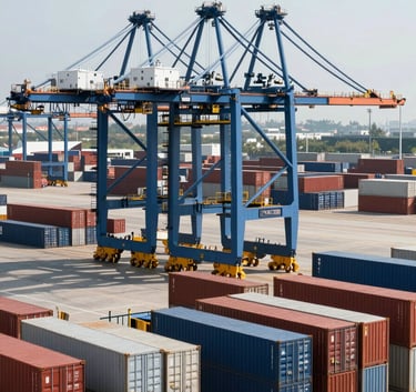 A high-angle, clean photographic shot of a sunlit international container terminal with steel blue cargo cranes and organized stacks of containers, modern and efficient vibe.