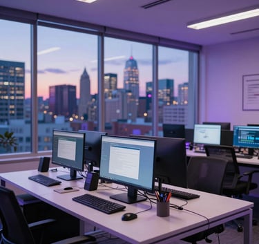A professional North American marketing agency workspace at twilight with wide windows overlooking a cityscape, featuring high-end computers and soft violet and blueviolet interior lighting.
