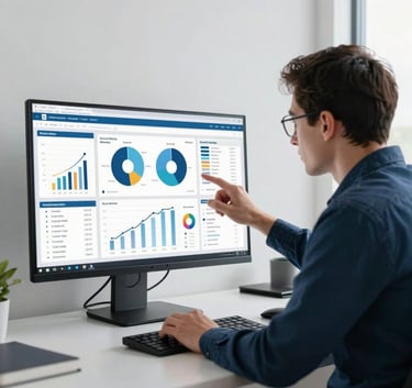 A focused professional in a minimalist North American office analyzing complex social media marketing data on a large monitor, clean composition with indigo accents.