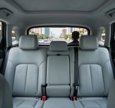 Interior view of a high-end vehicle from the back seat, showing comfortable leather upholstery in light gray-blue. A professional driver is visible in silhouette through the front window. South American / Brazilian city architecture is blurred in the background.