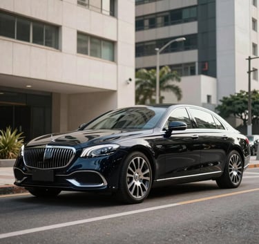 A polished black luxury sedan parked on a clean, modern street in a South American / Brazilian financial district. The lighting is bright and professional, highlighting the car's sleek lines. Off-white and dark navy blue tones dominate the scene.