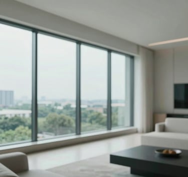 Close-up of a sleek, modern luxury apartment interior in Bellandur, with large windows overlooking tech parks. Minimalist professional aesthetic featuring #F5F2EC and #3A6B5F highlights.