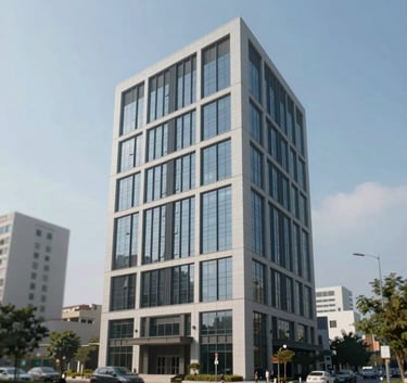 Elegant architectural photo of a multi-floor commercial building in HSR Layout, perfect for high-yield investment. Professional wealthy aura with #1B3A36 and #9AB8AE colors.