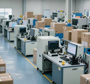 An organized international distribution center with high-tech logistics equipment, clean slate blue and soft white palette, professional industrial style.