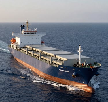 A large modern cargo ship sailing across deep navy blue waters at sunrise, sleek professional photography, International Corporate Business mood.