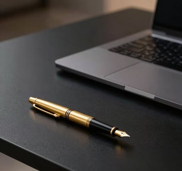 A high-end, minimalist office desk with a matte black surface. On the desk sits a sleek laptop and a sophisticated gold fountain pen. The background is softly blurred with warm lighting, reflecting an authoritative and professional atmosphere. The color palette features matte black and muted gold tones.