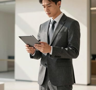 A professional entrepreneur in a tailored charcoal grey suit standing in a modern, sunlit architectural space with soft off-white walls. They are looking confidently at a tablet. The shot is clean, high-contrast, and exudes leadership and trustworthiness.