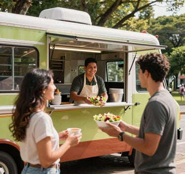 A vibrant South American / Brazilian food truck parked near a sunny public park, a vendor wearing a clean apron serving a fresh bowl of salad to a smiling customer, professional photography with soft sunlight and medium green trees in the background.