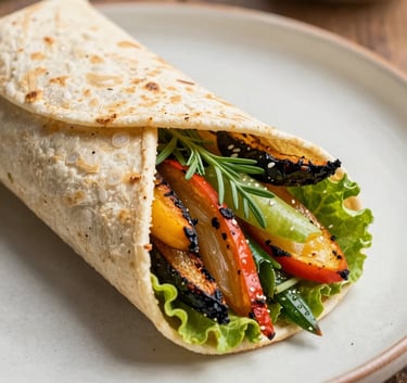 Close-up photography of a colorful and fresh wrap filled with grilled vegetables and herbs, presented on a sustainable paper wrap, South American / Brazilian outdoor setting, bright natural light.