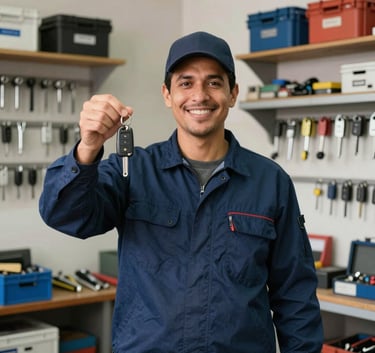A portrait of a friendly professional locksmith in a clean dark blue uniform, smiling and holding a set of modern car keys, standing in front of a well-organized locksmith shop in a South American / Brazilian neighborhood.