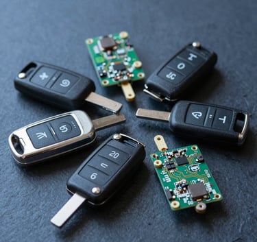 High-quality macro shot of various modern automotive switchblade keys and electronic circuit boards for car remotes on a dark slate blue background, sharp focus, technical and professional lighting.