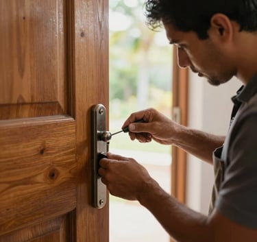 A South American locksmith technician in professional attire working on a residential wooden door lock with precision, focused on the task, bright daylight filtering through a nearby window.
