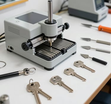 A professional locksmith workshop table in a South American setting, featuring a variety of modern silver keys, professional lock picking tools, and a high-precision key cutting machine under bright, clean white lighting.