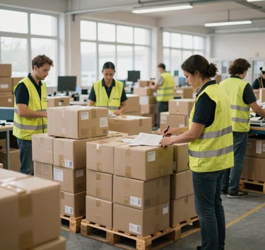 An organized and efficient sorting center interior in France. Packages are neatly stacked on wooden pallets, with staff in high-visibility vests working in a bright, clean environment with natural light streaming through windows.