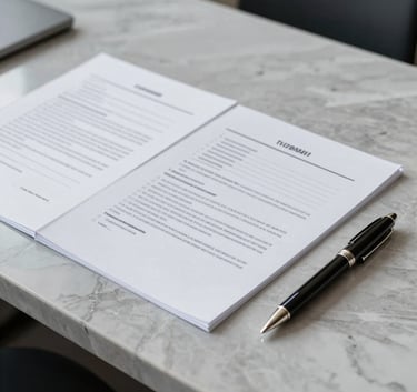 Photography of organized legal documents and a luxury pen on a Light Grey marble desk in a North American business setting. Professional and minimalist style.