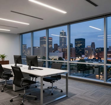 Photography of a modern North American office interior at dusk with a view of Delaware city lights. Navy and Silver tones, clean and professional lighting.