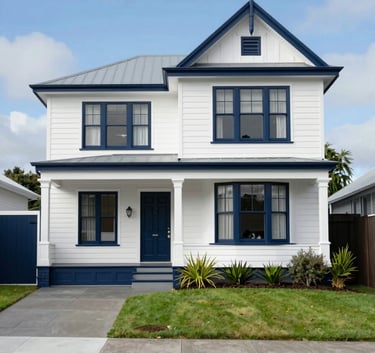 A wide, editorial-style banner shot of a classic Auckland villa exterior, newly painted in a crisp white and navy (#0e1c2f) palette. Manicured lawn and blue sky background.
