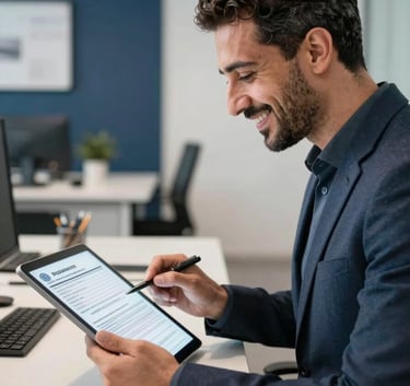 A professional and supportive Middle Eastern / Turkish male consultant smiling while reviewing residence permit forms on a tablet in a well-lit, contemporary office. The atmosphere is efficient and trustworthy, with accents of dark blue and white in the decor.