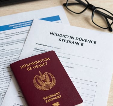 A high-angle view of a desk featuring foreign health insurance documents, a Turkish passport, and a pair of glasses. The lighting is bright and clean, emphasizing an organized and professional workflow in a Middle Eastern / Turkish setting.