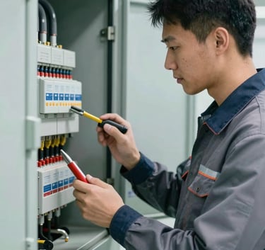 A professional maintenance technician in a clean uniform inspecting an industrial electrical panel with specialized tools, soft ambient light, sophisticated and trustworthy mood with #4B6B87 accents.