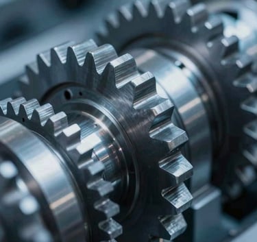 Close-up of high-precision industrial gears and mechanical parts, polished steel textures reflecting professional blue tones #1E3A4D, sharp focus, technical atmosphere.