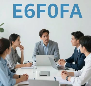 A diverse group of professionals in a bright, modern meeting space, engaged in a collaborative discussion. The image reflects serene competence and social responsibility with a soft aesthetic using #E6F0F4 and #70A2B6.