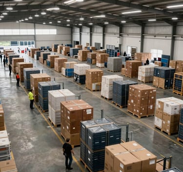 A professional wide-angle shot of a highly organized, modern logistics center in a Latin American region. Technical lighting and sharp focus.