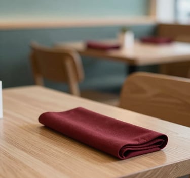 Cozy Scandinavian-style restaurant interior with minimalist wooden furniture and a single deep ripe crimson napkin on a table. High-end, professional photography style, warm and inviting, using #F5F0E1 and #2E4D3E.