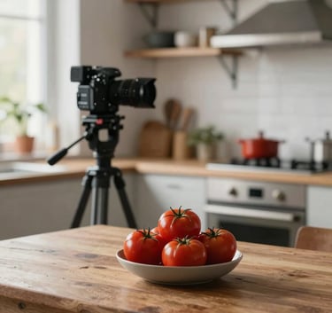 Behind-the-scenes shot of a professional camera setup on a tripod in a sun-drenched Scandinavian kitchen. A bowl of ripe crimson tomatoes sits on a rustic wooden table. Sophisticated, creative atmosphere with a palette of #1A2C22 and #9B2226.