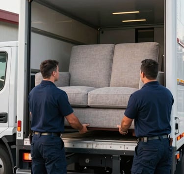 A pair of professional haulers in navy blue uniforms loading a large sofa into a clean, modern truck, daytime, North American / US - Bay Area, California.